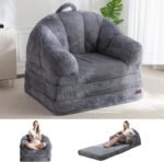 MAXYOYO Folding Sofa Bed, 2 in 1 Convertible Sofa to Lounger Comfy Single Bean Bag Chair for Adults, Floor Sleeper Couch with Handle, Faux Fur Couch Bed for Living Room Bedroom, Grey - Image 2