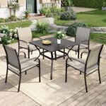 MIXPATIO 5 Pieces Patio Table and Chairs Set, 4 Person Outdoor Dining Furniture Set, 4 Brown Textilene Chairs and 37" Square Metal Table with Umbrella Hole, for Deck Backyard Lawn - Image 2