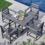 Outdoor HDPE Dining Table Set, 5-Piece All-Weather HDPE Outdoor Table and Chairs with Elegant Armrest, Wood Grain Patio Furniture Sets with Umbrella Hole for Porch, Backyard, Gray - Image 2