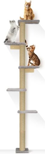 PAWSCRAT Wall-Mounted Cat Tree, 5 Tier Floor to Ceiling Cats Tower, 80 Inch Wall-Mounted Cat Scratching Post, Space Saving Cat Furniture and Easliy Climb for All Cats, Gery - Image 2