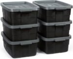 Rubbermaid 6-Pack Totes for Storage with Lids, Heavy Duty Plastic Storage Bins with Lids, Black Gray, 10 GAL - Stackable for Garage, Attic, Camping (10 GAL - 6 Pack Solid Black and Grey) - Image 2