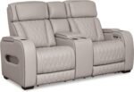 Signature Design by Ashley Boyington Contemporary Leather Match Power Reclining Loveseat with Console and USB Charging Ports, LED Lights and Adjustable Headrest, Light Gray - Image 2