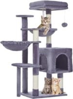 Taoqimiao Cat Tree, 39.4-Inch Cat Tower for Kittens, Cat Tree Tower with 5 Scratching Posts, Plush Cat Condo with Plush Perch, 2 Hammock, Pompoms, Smoky Gray MS019G - Image 2