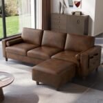 Vesgantti 100" PU Faux Leather Sofa with Movable Ottoman, 3 Seater L Shaped Leather Sectional Couch with Side Pocket, Comfy Mid Century Modern Modular Couch for Living Room, Apartment, Cocoa - Image 2