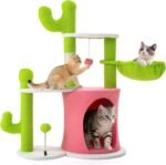 YITAHOME Cactus Cat Tree: 36 in Cats Tower for Indoor Kittens with 2 Platforms, Scratching Post, Spring Ball, Hanging Ball, Hanging Basket, Green & Pink - Image 2