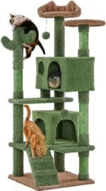 Yaheetech Cactus Cat Tree, 54.5in Tower w/Ramp, Animal-Ear Shaped Perch, Scratching Posts, Platform & Hanging Ball, Multi-Level Condo for Indoor Kittens, Green/Brown - Image 2