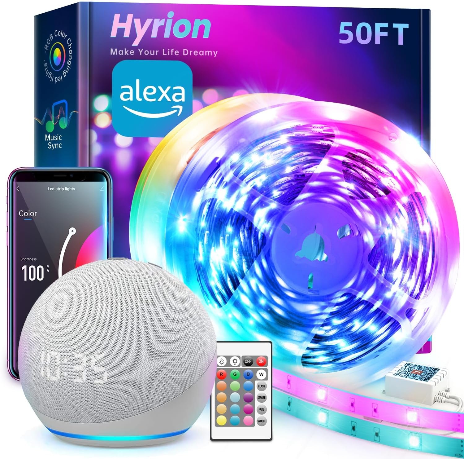 hyrion Smart LED Light Strips,50 ft WiFi LED Light,Sound Activated Color Changing with Alexa and Google,Sync Music with Led Strip Lights for Bedroom for Living Room, Home Decor - Image 2