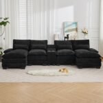 125'' U Shaped Cloud Modular Sofa with Chaise Lounges, Chenille Upholstered Comfy Sectional Couch with Storage Console, USB Charging Ports & Cup Holders, Small Deep Seat Sofa for Living Room, Black - Image 2