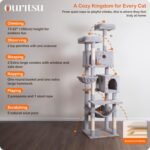 Ouritsu Cat Tree, 73.6 inch Tall Cat Climbing Tower for Large Cat Indoor with 2 Large Condos, 2 Widened Perches, Sisal Covered Scratching Posts, 2 Hammocks, Light Gray, XLF001GA - Image 3