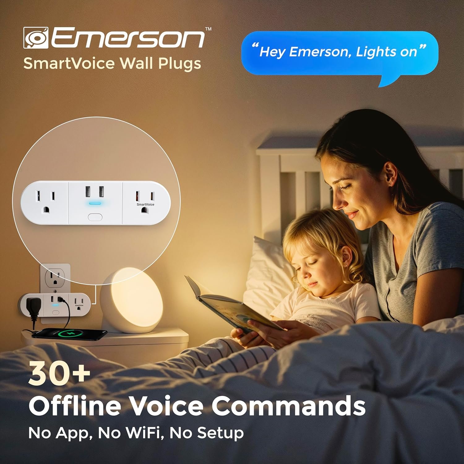 Emerson SmartVoice 4-in-1 Wall Plug, Offline 30+ Voice Control Commands, No APP, No WiFi, No Setup, Smart Outlet w/ 2 AC Outlets, 2 USB-A Ports, Sleep & Wake Timer, ETL Listed - Image 3