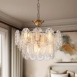 7PM Modern Gold Glass Chandelier, Antique Crystal Chandeliers 3-Layer 6 Light Round Pendant Chandelier for Dining Room Kitchen Island Living Room Bedroom 59" Height Adjustable, 20inch - Image 3