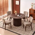 5-Piece Round Dining Table Set, Modern 47" Kitchen Table Chairs Set of 4, Upholstered Stackable Dining Room Chairs with Thick Cushion&Metal Legs for Living Room Apartment, Walnut&Light Brown - Image 7