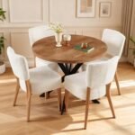 5-Piece Round Dining Table Set, Modern Small 37" Kitchen Table Chairs Set, Upholstered Stackable Dining Chairs with Metal Legs for Living Room Apartment, Space-Saving, Imitation Wood&White - Image 4