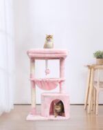 SYANDLVY Small Cat Tree for Indoor Cats, Cat Tower with Scratching Post, Modern Cat House with Padded Perch, Kittens Condo with Cradle, Cat Cave, Pink - Image 5