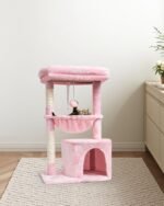 SYANDLVY Small Cat Tree for Indoor Cats, Cat Tower with Scratching Post, Modern Cat House with Padded Perch, Kittens Condo with Cradle, Cat Cave, Pink - Image 6