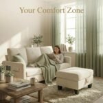 Furnimart Modern Small 3-Seater Sofa Set with Storage Ottoman, Compact Couch for Small Space, Chenille Fabric, Solid Wood Frame, Side Pocket & Storage Footstool, Living Room, Apartment(Beige) - Image 4