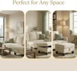 Furnimart Modern Small 3-Seater Sofa Set with Storage Ottoman, Compact Couch for Small Space, Chenille Fabric, Solid Wood Frame, Side Pocket & Storage Footstool, Living Room, Apartment(Beige) - Image 7