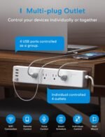 meross Smart Plug Power Strip, WiFi Flat Outlet 15A Compatible with Apple HomeKit, Siri, Alexa, Google Assistant & SmartThings, with 4 AC Outlets & 4 USB Ports, 6 Feet Surge Protector Extender - Image 4