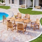 PHI VILLA 7 PCS Acacia Wood Outdoor Dining Set for 6, Expandable Teak Wooden Table & Chairs with Cushions, Farmhouse Dining Furniture Set for Patio, Deck, Yard - Image 9
