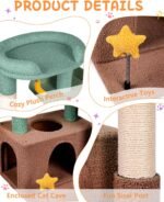 31" Cute Cat Tower for Indoor Kittens with Cat Condo, Plush Platform, Hammock, Sisal Scratching Posts, Dangling Ball, Tall Cat Tree Tower with Self-Grooming Brush (Olive Green) - Image 3