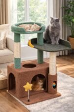 31" Cute Cat Tower for Indoor Kittens with Cat Condo, Plush Platform, Hammock, Sisal Scratching Posts, Dangling Ball, Tall Cat Tree Tower with Self-Grooming Brush (Olive Green) - Image 6