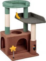 31" Cute Cat Tower for Indoor Kittens with Cat Condo, Plush Platform, Hammock, Sisal Scratching Posts, Dangling Ball, Tall Cat Tree Tower with Self-Grooming Brush (Olive Green) - Image 7