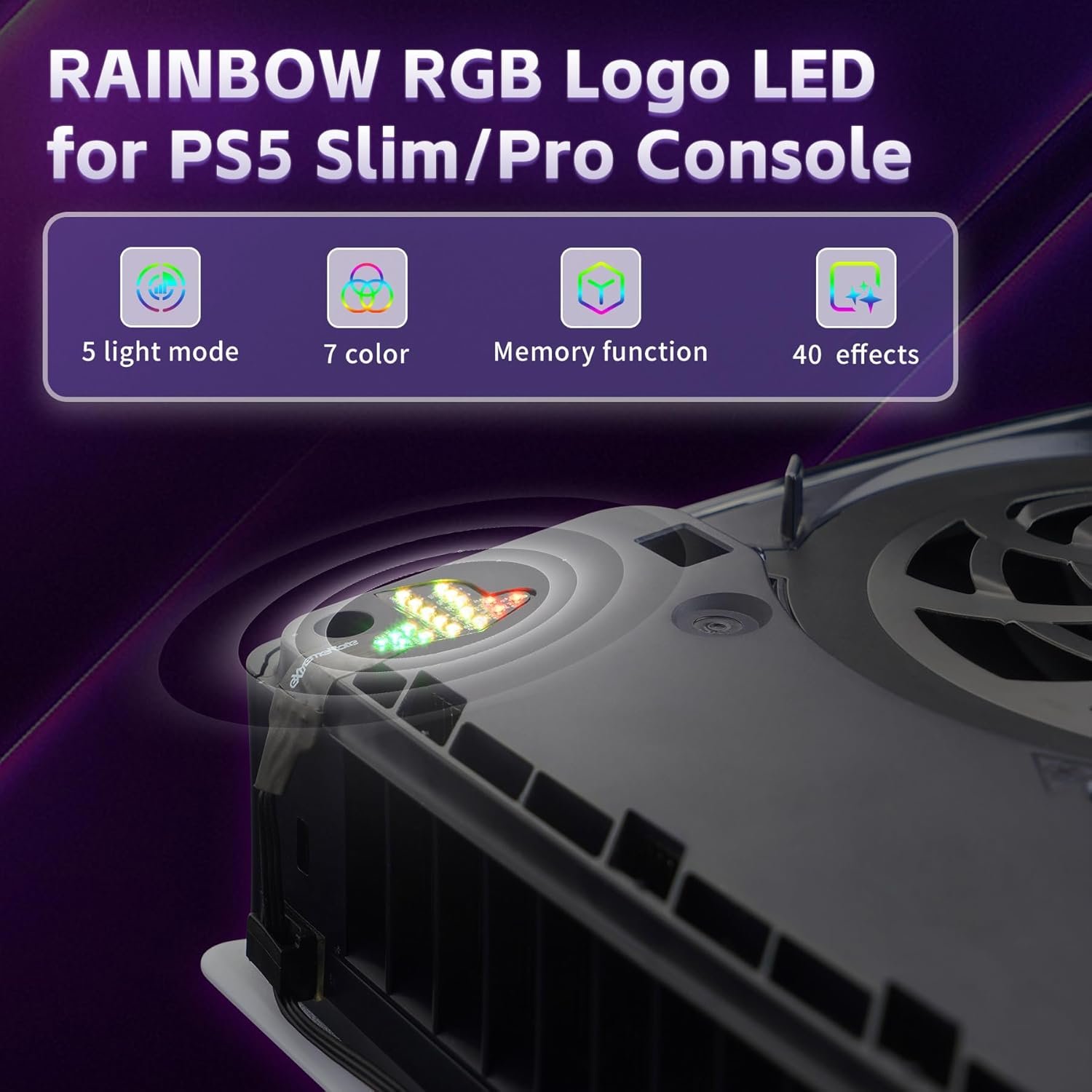 eXtremeRate 7 Colors 40 Effects RGB Rainbow Logo LED Kit for PS5 Slim/Pro Console, Illuminated Lighting Decoration Logo LED Board for PS5 Slim/Pro Disc & Digital Console - Image 5