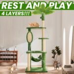 55 Inch Large Cat Tree Tower for Indoor Cats with Hammock Green Leaves Sisal Scratching Post, Plush Hang Ball Play Furniture for Kittens & Adult Cats,New Green - Image 4