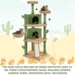 Yaheetech Cactus Cat Tree, 66?H Cat Tower for Indoor Cats, Multi-Level Cat Tree with Large Condos & Ramp, Pet Play House with Padded Perch, Platforms, Basket & Hanging Ball, Green/Brown - Image 6