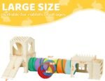 Extra Large Rabbit Hideout, Wooden Bunny Castle with Tunnel and Stair, Rabbit House Tower with Hay Feeder Sturdy Habitat for Guinea Pig Chinchilla Ferret Hamster - Image 3
