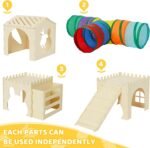 Extra Large Rabbit Hideout, Wooden Bunny Castle with Tunnel and Stair, Rabbit House Tower with Hay Feeder Sturdy Habitat for Guinea Pig Chinchilla Ferret Hamster - Image 4