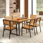 Tangkula 7 Piece Outdoor Dining Set for 6, Acacia Wood Rectangular Dining Table & 6 Armchairs w/Metal Frame, Umbrella Hole, Farmhouse Dining Furniture Set for Garden Porch Poolside Yard - Image 3