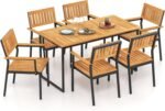 Tangkula 7 Piece Outdoor Dining Set for 6, Acacia Wood Rectangular Dining Table & 6 Armchairs w/Metal Frame, Umbrella Hole, Farmhouse Dining Furniture Set for Garden Porch Poolside Yard - Image 8