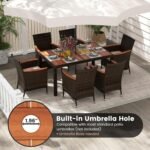 HAPPYGRILL 7 Pieces Rattan Wicker Patio Dining Set, Outdoor Dining Set with Cushions, Large Dining Table with Acacia Wood Top, Outside Dining Furniture Set with Umbrella Hole - Image 3