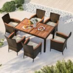 HAPPYGRILL 7 Pieces Rattan Wicker Patio Dining Set, Outdoor Dining Set with Cushions, Large Dining Table with Acacia Wood Top, Outside Dining Furniture Set with Umbrella Hole - Image 4