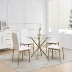 Round Glass Dining Set 5 Pieces Dining Table Chair for Home Kitchen Round Tripod Golden Legs Table with 4 PU Chairs, Contemporary Dining Room Furniture Set for Small Space, Green - Image 3