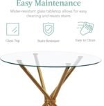 Round Glass Dining Set 5 Pieces Dining Table Chair for Home Kitchen Round Tripod Golden Legs Table with 4 PU Chairs, Contemporary Dining Room Furniture Set for Small Space, Green - Image 4