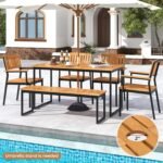 Tangkula 6 Pieces Outdoor Acacia Wood Dining Set, Patio Table and Chairs Set with Bench for 6-7 People, Outdoor Dining Furniture Set with 2" Umbrella Hole for Garden, Backyard and Poolside - Image 3