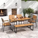 Tangkula 6 Pieces Outdoor Acacia Wood Dining Set, Patio Table and Chairs Set with Bench for 6-7 People, Outdoor Dining Furniture Set with 2" Umbrella Hole for Garden, Backyard and Poolside - Image 4
