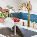 WOWOW 3 Hole Kitchen Faucet with Sprayer - 304 Stainless Steel Kitchen Sink Faucet with Soap Dispenser and Separate Handle, 3 Pieces Mixer Taps for Camper, Laundry, RV and Bar, Brushed Gold - Image 3