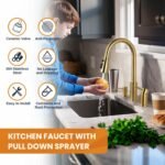 WOWOW 3 Hole Kitchen Faucet with Sprayer - 304 Stainless Steel Kitchen Sink Faucet with Soap Dispenser and Separate Handle, 3 Pieces Mixer Taps for Camper, Laundry, RV and Bar, Brushed Gold - Image 4