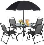 Vongrasig 6 Pieces Folding Patio Dining Set, All Weather Small Metal Outdoor Table and Chairs Set, Patio Furniture Set w/Umbrella, Glass Table & 4 Folding Chairs for Garden, Lawn, Backyard, Black - Image 9