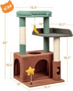 31" Cute Cat Tower for Indoor Kittens with Cat Condo, Plush Platform, Hammock, Sisal Scratching Posts, Dangling Ball, Tall Cat Tree Tower with Self-Grooming Brush (Olive Green) - Image 2
