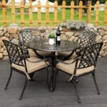 5-Piece Cast Aluminum Outdoor Patio Dining Set, All Weather Cast Aluminum Outdoor Furniture Dining Set for Patio, Balcony, Lawn, Garden, Backyard w/4 Chairs and Cushions, 2.0" Umbrella Hole - Image 2