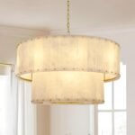 Alabaster Chandelier,D32in Spanish Marble Round Alabaster Chandelier 2 Tiers,Modern Living Room Alabaster Chandeliers, Adjustable Gold Chandeliers for Dining Room,Bedroom,Bathroom,Entryway - Image 2