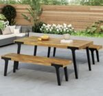 Christopher Knight Home 3 Piece Patio Dining Table,Acacia Wood Table Bench Dining Set,2 Wood Benches with 69'' Large Dining Table,Industrial Style Dining Furniture Set for Outdoor Deck, Yard, Porch - Image 2