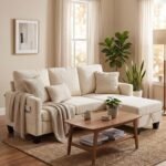 Furnimart Modern Small 3-Seater Sofa Set with Storage Ottoman, Compact Couch for Small Space, Chenille Fabric, Solid Wood Frame, Side Pocket & Storage Footstool, Living Room, Apartment(Beige) - Image 2
