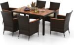 HAPPYGRILL 7 Pieces Rattan Wicker Patio Dining Set, Outdoor Dining Set with Cushions, Large Dining Table with Acacia Wood Top, Outside Dining Furniture Set with Umbrella Hole - Image 2