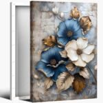Modern Floral Canvas Wall Art Blue and White Flower Market Wall Decor Pictures Abstract Background Golden leaf Poster Prints for Living Room Bedroom Office Home Decoration 24x36in Ready to Hang - Image 2