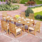 PHI VILLA 7 PCS Acacia Wood Outdoor Dining Set for 6, Expandable Teak Wooden Table & Chairs with Cushions, Farmhouse Dining Furniture Set for Patio, Deck, Yard - Image 2